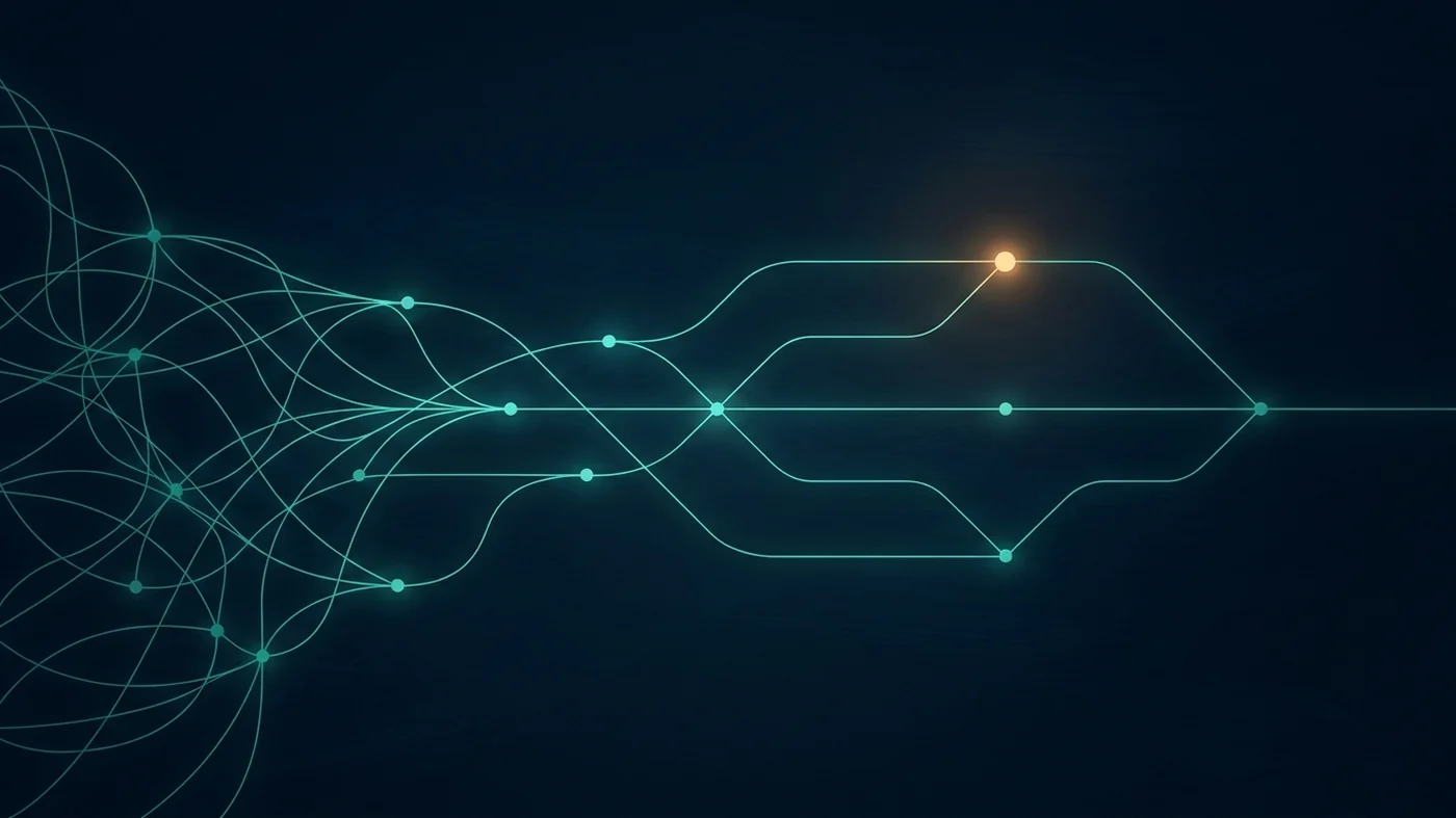 Abstract illustration of tangled lines resolving into ordered paths