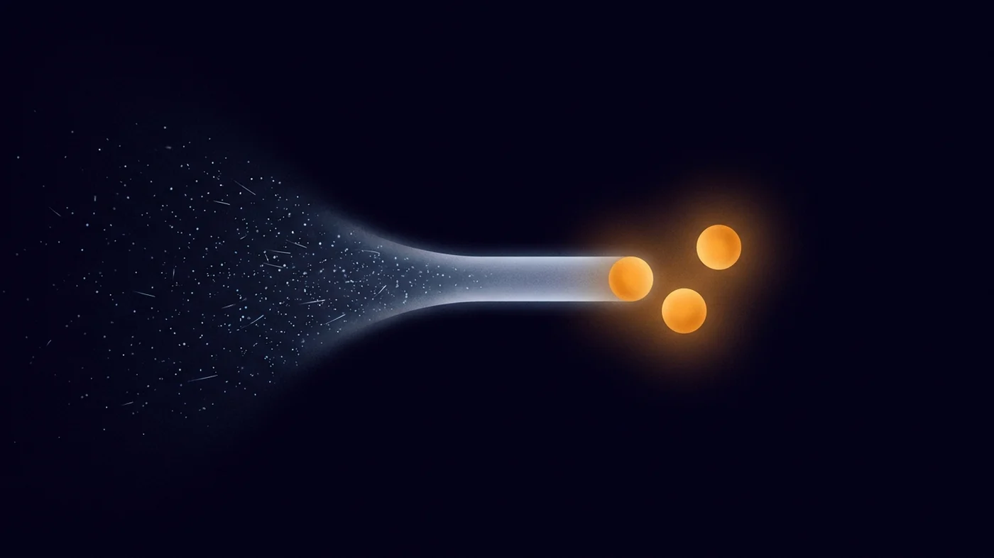 Abstract illustration of scattered particles funnelling into three solid points of light